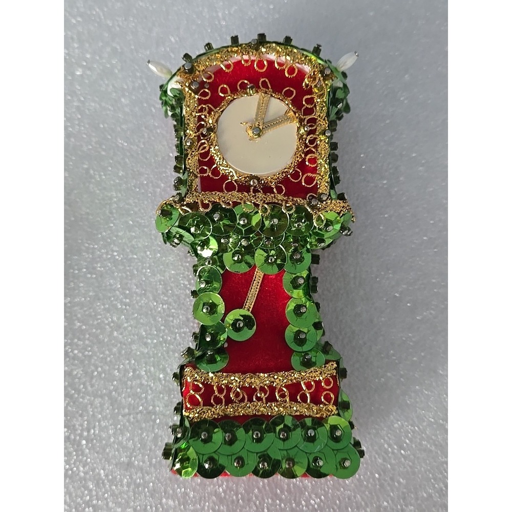 Vintage Grandfather Clock Christmas Ornament Push Pin‎ Beaded Sequin Mouse 1960s